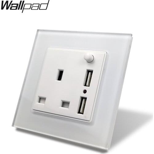 S7 White Black 13A UK BS Tempered Glass Panel Socket with Double USB 2100mA Charging Ports, Wall Power Outlet Plate 3 Pin