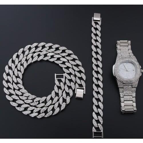 Silver Color Necklace +Watch+Bracelet Hip Hop Miami Curb Cuban Chain Iced Out Paved Rhinestones CZ Bling For Men Jewelry 2020New