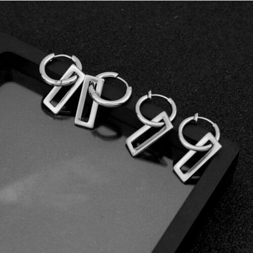 New Korean Guys Boys KPOP Stainless Steel Stud Earring Rectangle Pendant Cuboid Geometry Ear Clip Grunge Punk Rock Unisex Gift