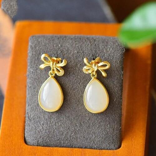 Natural Hetian Jade White Jade Bow Water Drop Earrings Inlaid S925 Sterling Silver Water Drop-Shaped Earrings Palace Style Jewel