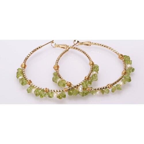 Handmade wire-wrapped glass green stone & white freshwater pearl beads charm big gold metal round hoop earring for woman