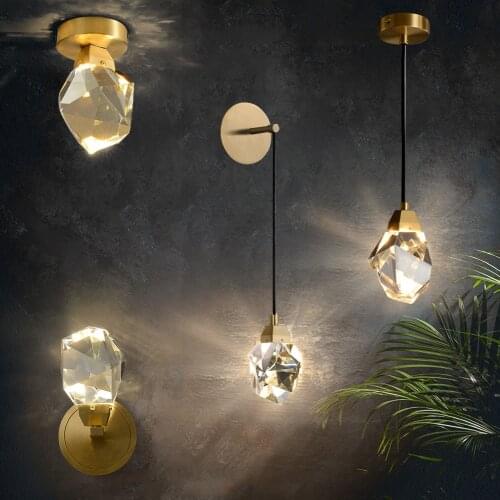 Modern Indoor Crystal Wall Lighting Clear Diamond Shape Crystal Sconces Living Room Bedside Wall Lamp Loft Cable Sconce Fixtures