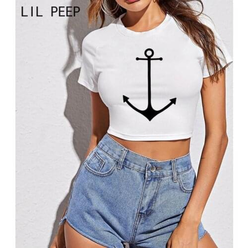 Anchor Korean Graphic T Shirt Women Female Short Sleeve T-shirt Top Hip Hop Summer 90s Kawaii Streetwear Crop Tops