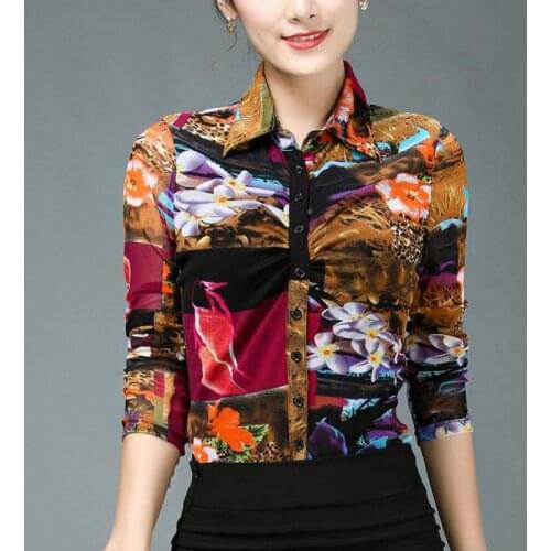 Spring Autumn Casual Women Female Printed Leopard Pattern Full Sleeve Floral Mesh Blouse Shirt , Female Womens 3XL 4XL Blouses