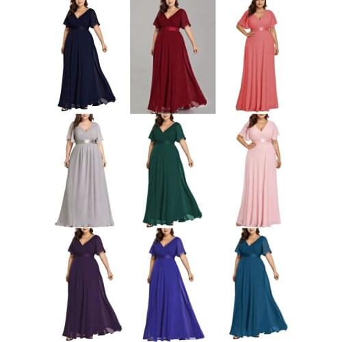 The New Plus Size Ever Pretty Elegant V-Neck Ruffles Chiffon Formal Evening Gown Party Dress Robe De Soiree 2021