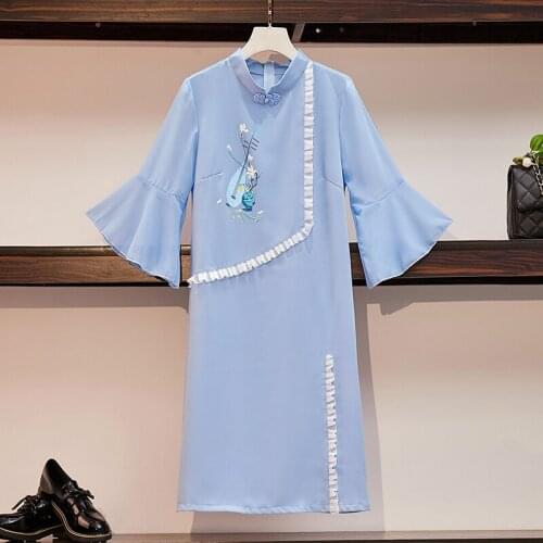 Plus Size M-4XL 3XL 2021 Blue Loose Fashion Modern Cheongsam Oriental Dress Women Short Sleeve Qipao Traditional Chinese Clothes