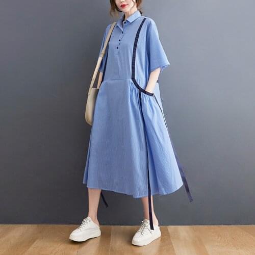 2021 Summer Women Gown Turn-Down Collar Blue Striped Patchwork Baggy Dress Oversized Pockets Casual Loose Lady Dress