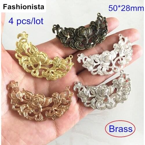 4 pcs Brass Casting Lotus Moon Pendant,50*28mm With 2 Loop,Excellent Jewelry Charms,4 Colors: Steel / Bronze / Raw Brass