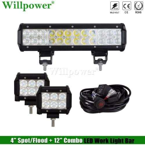 Car 12" 72W Light Bar + 2PCS 4" 18W Flood Fog Lights Spotlight Off Road UTV ATV 4WD Truck LED Work Light w/ 2 Leads Wire Switch
