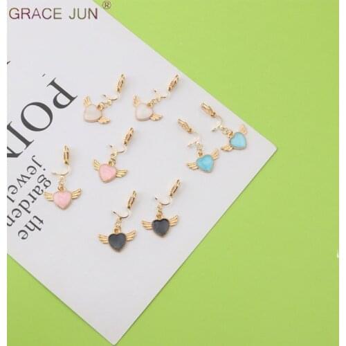 GRACE JUN Korean Cute Small Heart-shaped Clip on Earrings Female Personality Temperament Love Wings Ear Clips Factory Wholesale