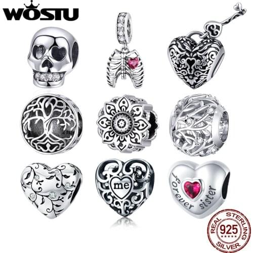 WOSTU Authentic 925 Sterling Silver Heart Flowers Beads Charms Pendant Fit Bracelets Women Party DIY Fine Jewelry Gift Making