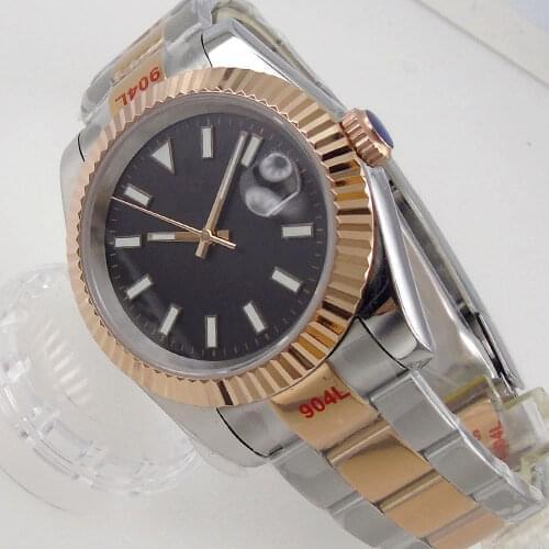 36mm/40mm Automatic Sapphire Mens Watch Japan Miyota 8215 Movement Black Face 904L Oyster Band Date Window Rose Gold Coin Bezel