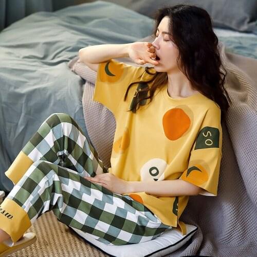 Funny Cartoon Graffiti Girls Homewear Summer Fashion Yellow Plaid Pajamas Sets For Women Cotton Homewear Suit Lounge Sleepwear