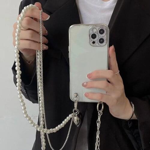 Dual-use Long Beads Chain Necklace Phone Case For iPhone 11 12 Pro Max XR XS Max X 7 8 Plus SE2 Shock Proof Phone Back Cover