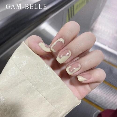 GAM-BELLE Short Beige Irregular Graffiti Fake Nails French Square Full Artificial Press On Nails Art Decoration Manicure Tool
