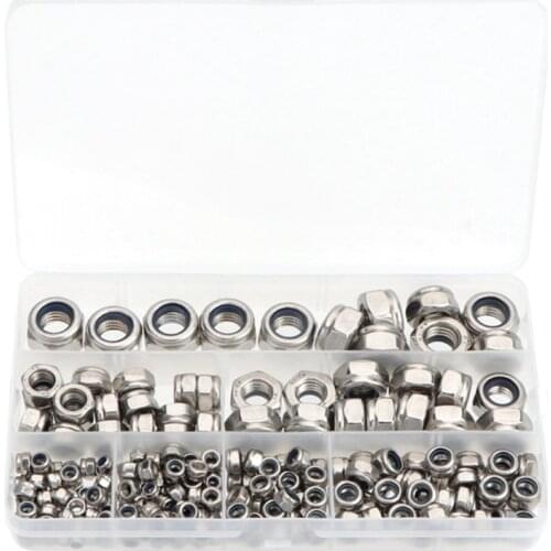 JFBL Hot 215Pcs Boxed Nylon Inlaid Hexagonal Lock Nut Combination Stainless Steel Loose Lock Nut