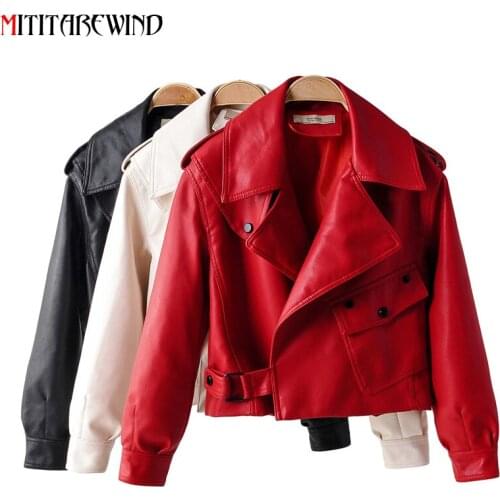 Spring Autumn Leather Jacket Women Faux PU Motorcycle Leather Jacket Coat Biker Red White Coat Turn Down Collar Loose Clothing