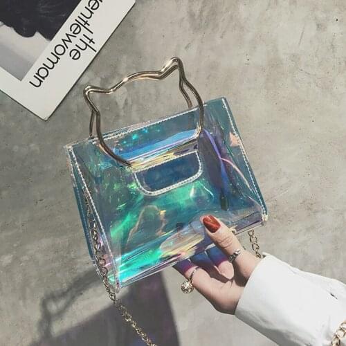 Fashion Transparent Laser Shoulder Bag Cute Cat Metal Handle Flap Handbags High Street Summer Beach Crossbody Messenger Bags