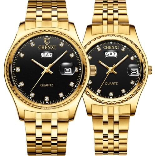 CHENXI New Couple Watches For Lovers Luxury Brand Stainless Steel Golden Watch Men & Women Date Week Quartz Lover Watches 2021