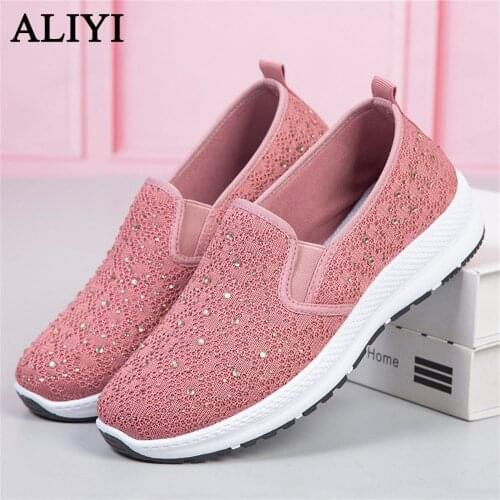 New Spring Casual Shoes Women 2021 Mesh Breathable Rhinestone Ladies Slip On Comfy Loafers Home Outdoor Walking Sport Sneakers