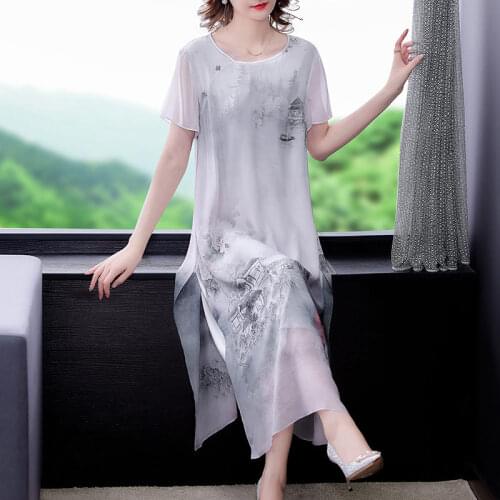 Seaside Holiday Retro Silk Vogue Print Dress Gentle Wind Summer New High-End Temperament Elegant Women Dress Short Sleeve ZH999