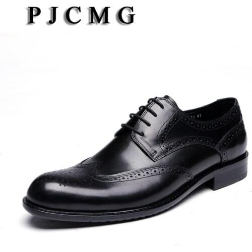 PJCMG New Breathable Black Carved Loafers Mens Dress Genuine Leather Lace-Up Pointed Toe Wedding Mens Casual Business Shoes