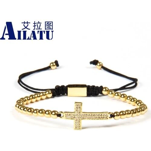 Ailatu Brand Wholesale 10pcs/lot Micro Paved Clear Double Cz Cross Jesus Braided Bracelet with 4mm Stainless Steel Beads