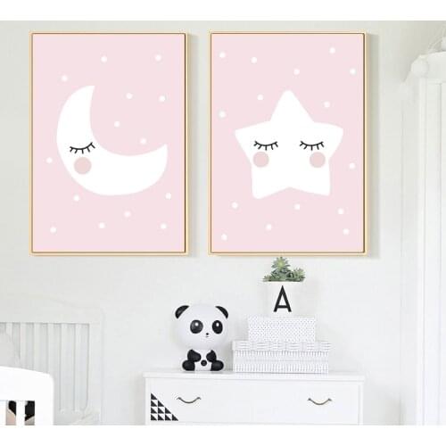 Pink Moon Cloud Star Nursery Child Poster Wall Painting Decoration Picture Cute Art Decorative Print Nordic Kid Baby Room Decor