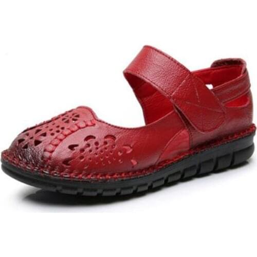 New Summer Round Toe Hollow Genuine Leather Sandals Hand-stitched Flat Sandals for Women Shoes Large Size Mother Casual Sandals