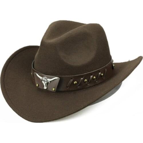 Rolled brim cowboy hat fedora hat wide belt cow head woolen top hat men women autumn winter western outdoor knight hat