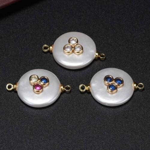 Deep blue white purple red cz micro paved charm flat coin pearl beads connector for bracelet earring choker jewelry DIY
