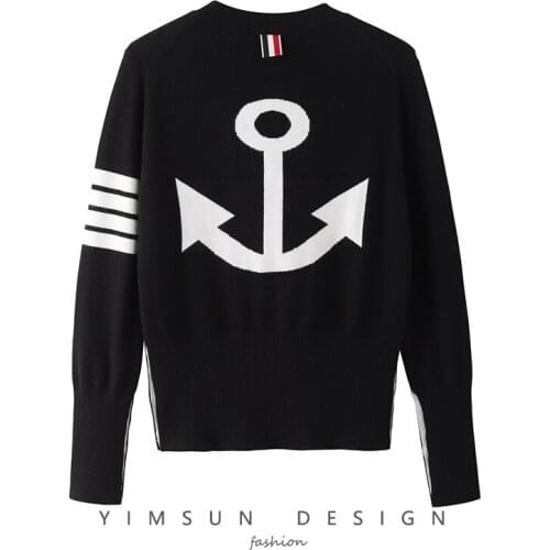 Early autumn new T anchor knit cardigan V-neck classic four-bar three-color webbing navy style men and women with the same style