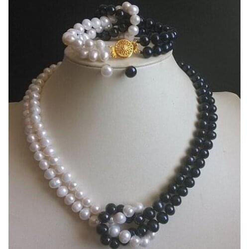 New Arriver Pearl Jewelry Set 2Rows 17-18inch 7-8mm White Black Color Freshwater Pearl Necklace Bracelet Earrings