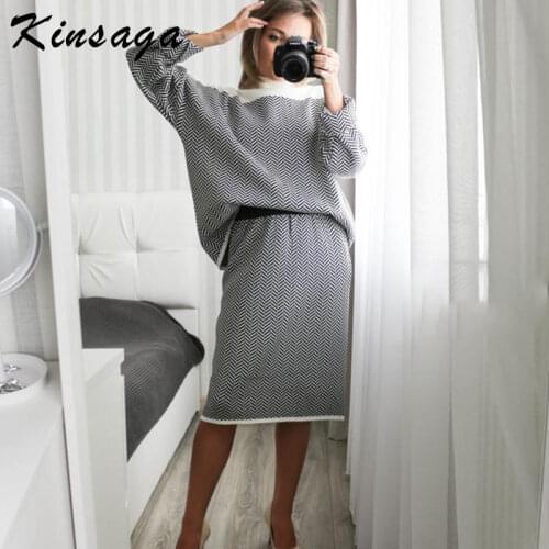 Women Sweater Two Piece Knitted Sets Jacquard Knit Tracksuit Chic Pullover Crewneck Long Sleeve Top+knitted Pencil Skirts