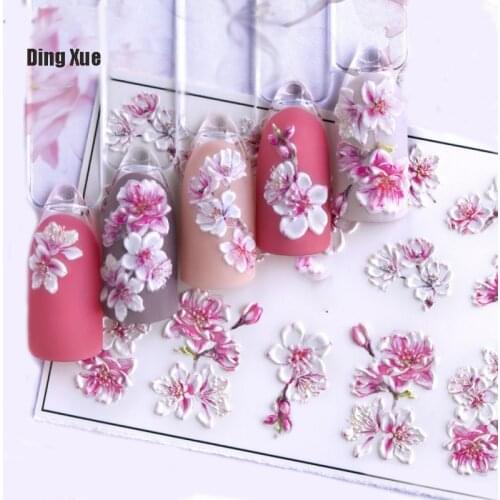 1pc 3D Acrylic Engraved Nail Sticker Embossed White&Pink Color Flower Water Decals Empaistic Nail Water Slide Decals Z0342
