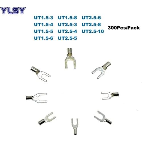 300Pcs Non-insulated Spade Terminal Electric Fork Naked Crimp Terminales UT1.5/2.5 Wire Cable Connector 16/14AWG 1.5/2.5mm2