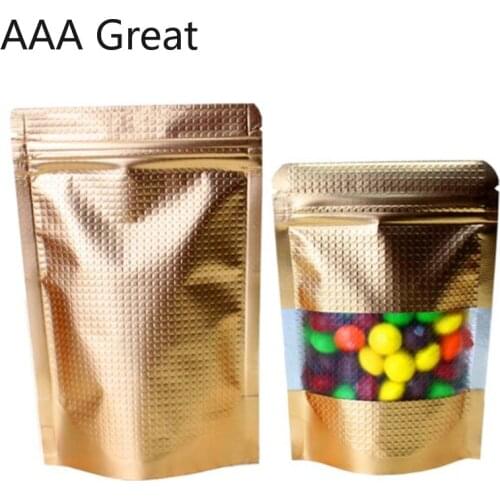 AAA Great Golden Gold Color Stand Up Aluminum Foil Bag Zip Lock Plastic Food Tea Coffee Packaging Bags Pouches Window 100Pcs/Lot