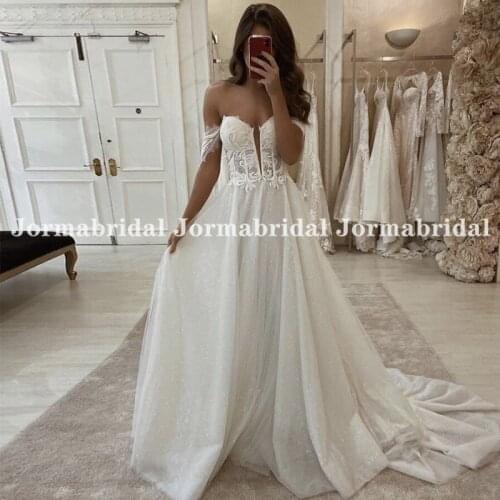 Glitter Boho Wedding Dresses Illusion V-Neck Lace Appliques Off Shoulder Shiny Sparkly Tulle Bride Gowns 2021 vestidos de novia
