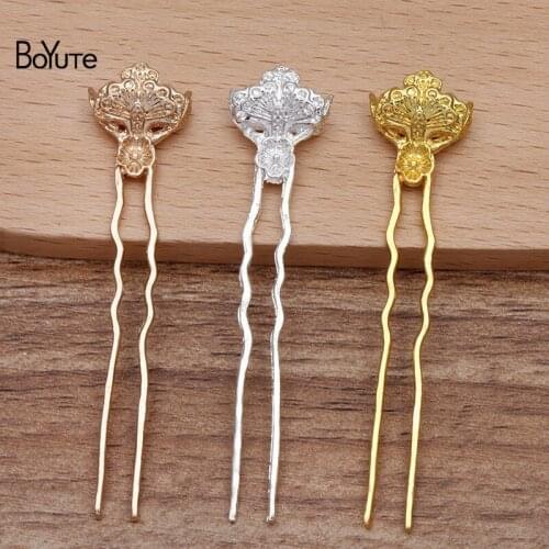 BoYuTe Wholesale (50 Pieces/Lot) 14.5*64MM Metal Alloy Flower Hair Sticks Vintage Diy Hand Made Jewelry Materials