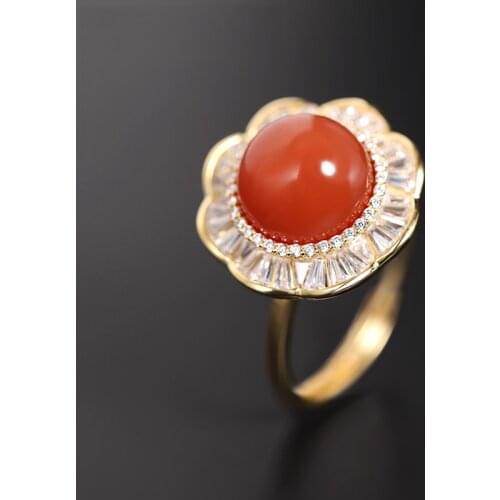 DAIMI Persimmon Red Agate Ring Natural Gemstones 925 Sterling Silver Open Ring For Mother
