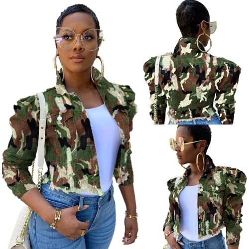 FNOCE 2020 autumn womens ripped denim jackets street fashion Camouflage long sleeve hole hollow out slim short coat and jacket