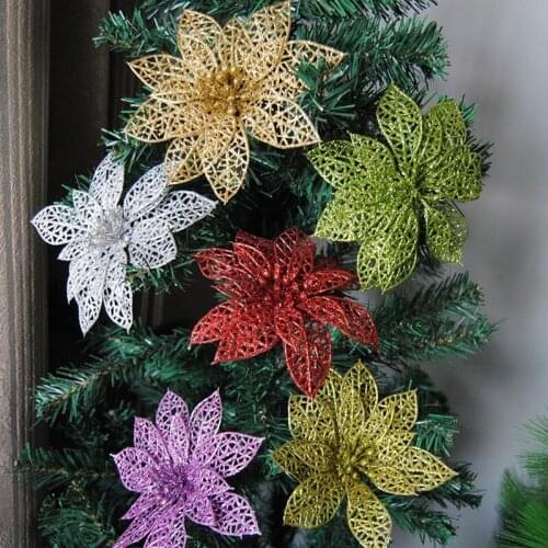 10pcs Artificial Flowers For Decoration Glitter Poinsettia Fake Flowers DIY Home Wedding Decoration Flower Head Christmas 6z