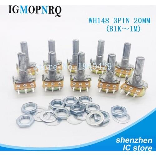 10PCS 20mm Shaft WH148 Potentiometer Kit Single Joint B1K 2K 5K 10K 20K 50K 100K 250K 500K 1M ohm 3Pin With Nut And Washe