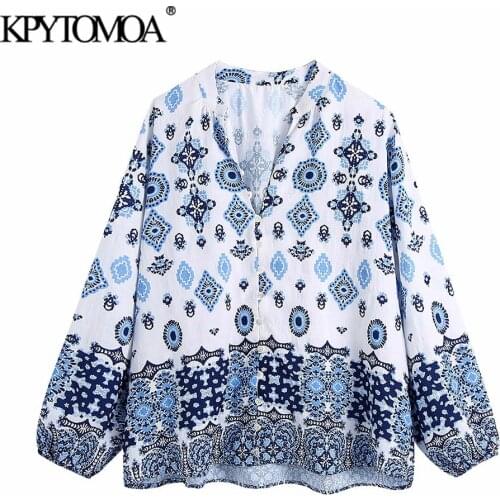 KPYTOMOA Women 2021 Fashion With Elastic Trim Totem Print Loose Blouses Vintage V Neck Long Sleeve Female Shirts Chic Tops