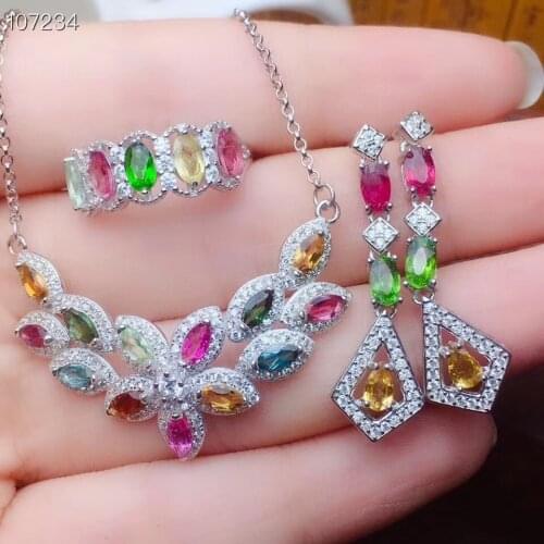 Best Gift Natural and Real Natural And Real Tourmaline Jewelry set 925 sterling silver 1pc Ring,1pc Pendant,2pcs Earring