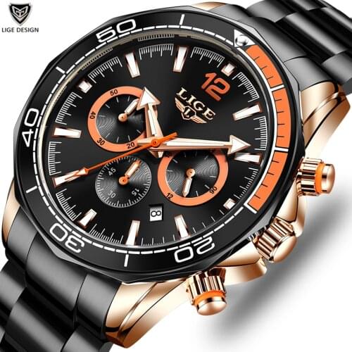 LIGE Watch Mens Wristwatch with Stainless Steel Band Fashion Quartz Clock Chronograph Luminous pointers Unique Sports Watches