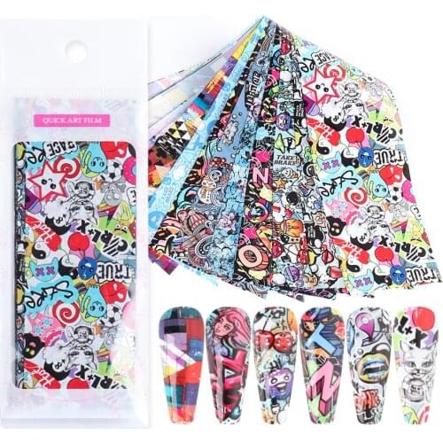 10pcs Personality Graffiti Slider Nail Foil Sticker Set Colorful Sexy Girls Love Heart Nail Decals Starry Paper Manicure LY4122