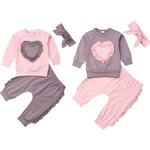 0-24M Toddler Baby Girl Kid Clothes Sets Solid Ruffles Long Sleeve Tops Pants Headband Love Shape Clothes
