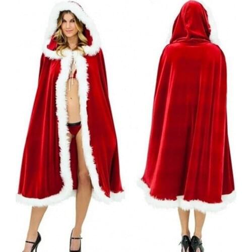 Red Velvet White Fur Hooded Cape Cloak Sexy Santa Cosplay Christmas Costumes Adult Women Carnival Party Clubwear