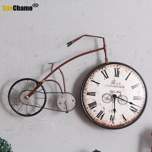 Retro Bike Wall Clocks Mural Hanging Wall Clock Living Room Decor Pendant Vintage Watch Ornaments Personality Home Decoration